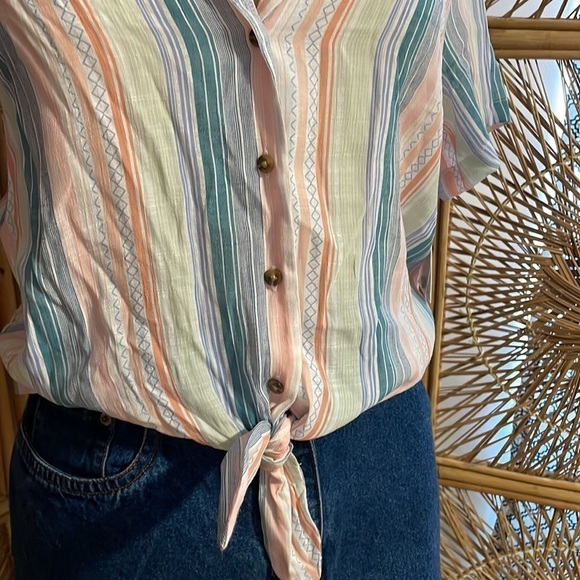 Retro Top 90s Style Button Small Stripe Cottage Vtg Knot Yellow NEW Vylette - Picture 5 of 14